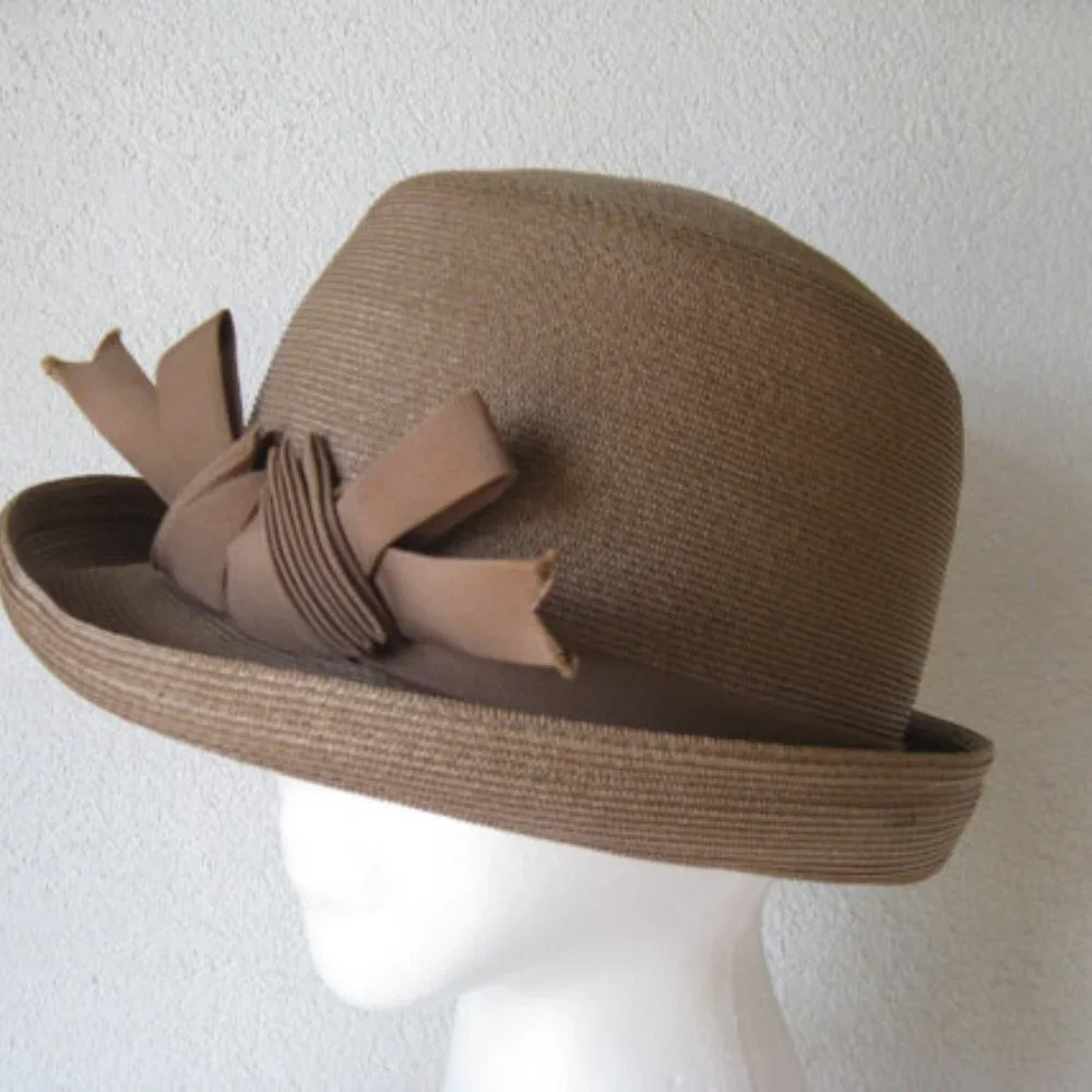 Vintage l 50s Camelot Timeless Tailored Tan Woven Straw Abstract Oragami Bow Hat - Picture 3 of 7